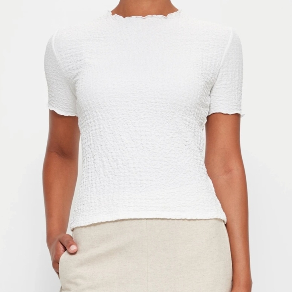 Bershka White Smocked Fitted Crinkle Fluted Neck Crop Top